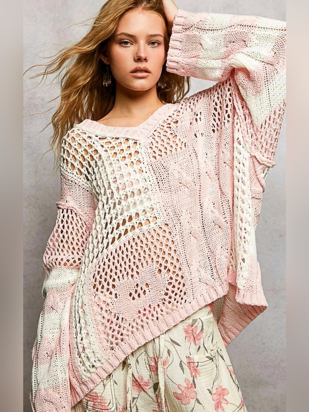 POL NWOT Light Pink/Cream Open-Weave Scoop Neck Sweater